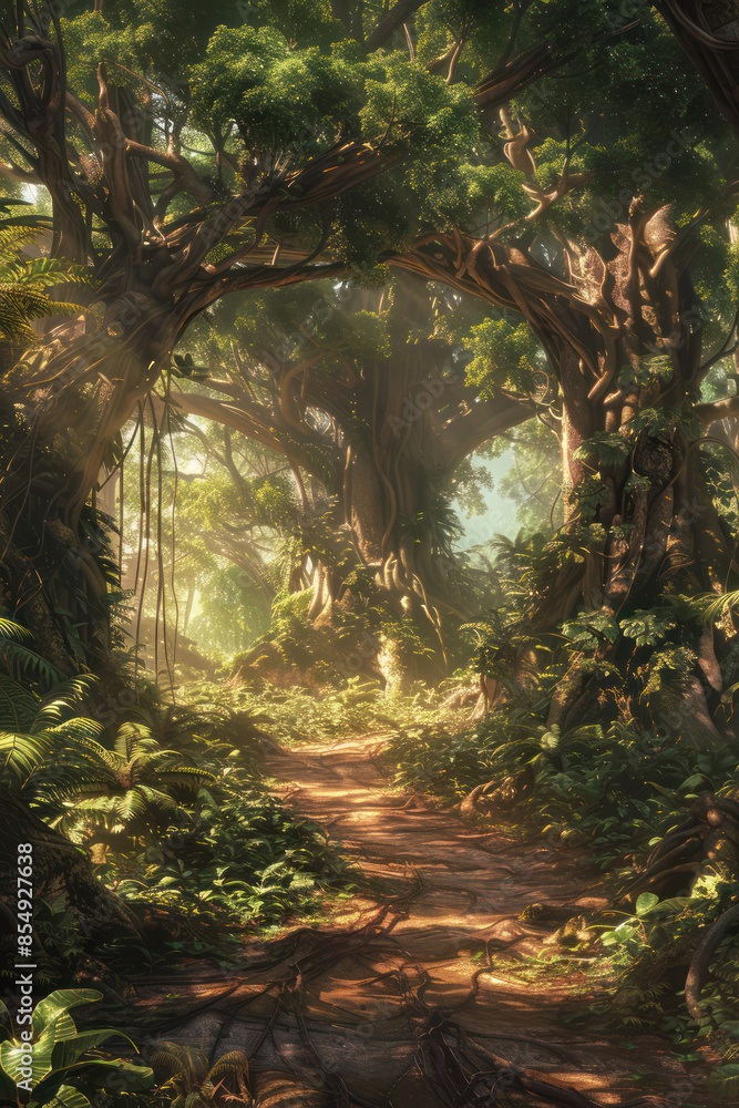 Aufkleber enchanted forest pathway sun rays filtering through ancient trees in dense lush greenery, capturing 