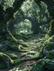 Obraz premium Enchanted Mystical Forest Path A Journey through Ancient Trees and Secret Groves in a Lush, Dreamlike Woodland Setting