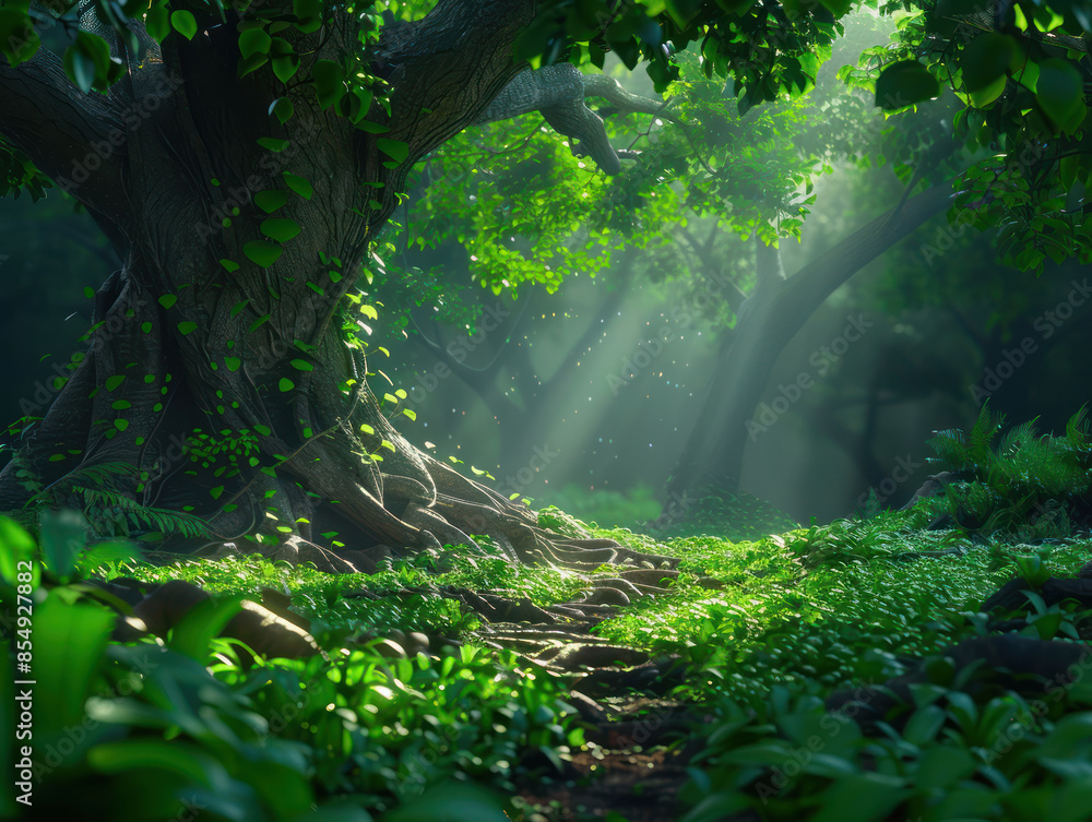 Poster enchanting sunlit forest path a majestic tree framed by lush greenery and dappled light creating a t