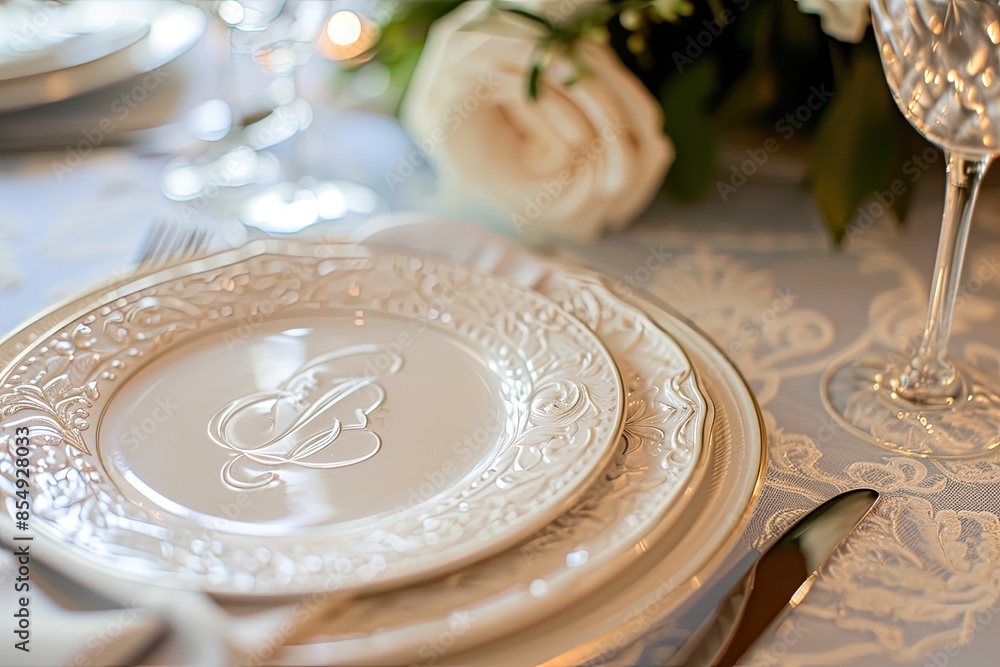 Aufkleber a vase with roses and a monogram on it, simple and classic monogram design