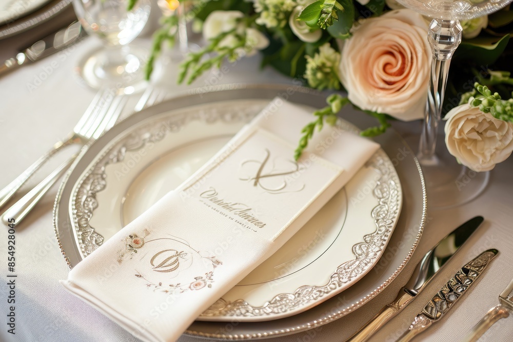 Poster a vase with roses and a monogram on it, simple and classic monogram design