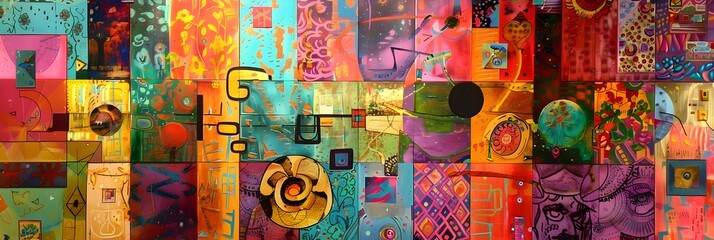 Fototapeta premium Vibrant Collage of Geometric Shapes and Textures in Bold Colors