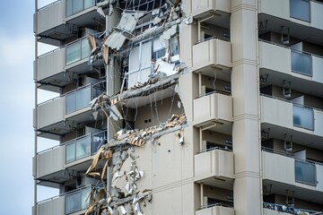 Close-up view of a high-rise apartment building with significant damage, showing debris and exposed floors after a destructive event.