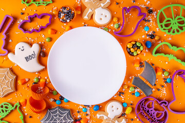 Bright colorful Halloween cookies and sweet background
