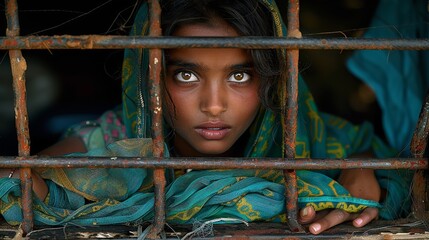 A young girl looks through rusted metal bars, her expression conveying a mixture of sadness and hope