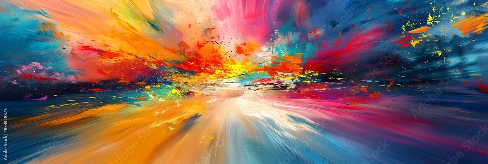 Poster Vibrant Cosmic Explosion of Color and Light Abstract Digital Artwork Capturing Dynamic Energy and Imagination
