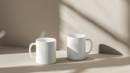 Two ceramic mugs mockup on light beige background with soft shadows. Tea cups template advertising image. Clean and minimalistic design. Coffeecups mock up products photorealistic