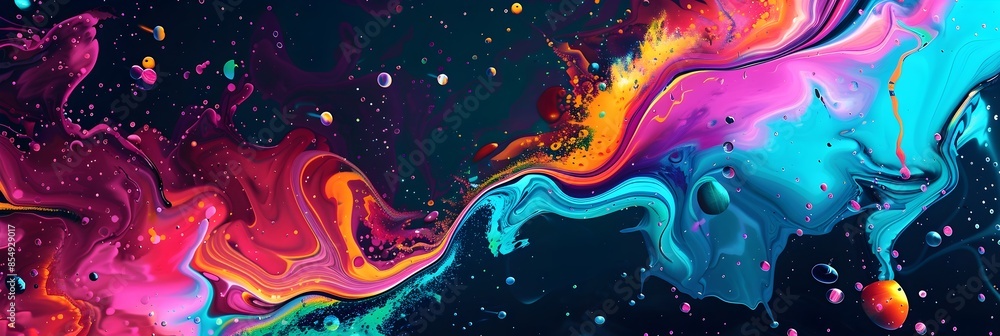 Poster vibrant cosmic explosion of colorful fluid patterns and swirling interstellar galaxies