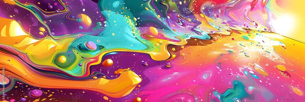 Poster vibrant cosmic explosion of colors and fluid shapes evoking a captivating surreal dreamscape