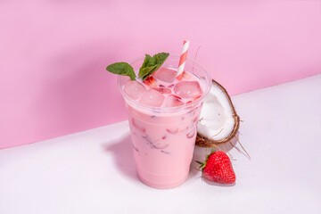 Strawberry coconut milkshake, creamy cocktail drink