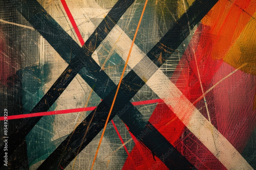Poster a colorful abstract painting with a black frame, an abstract design with intersecting lines