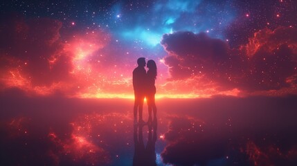 Fototapeta premium Couple Embracing Under Starry Sky