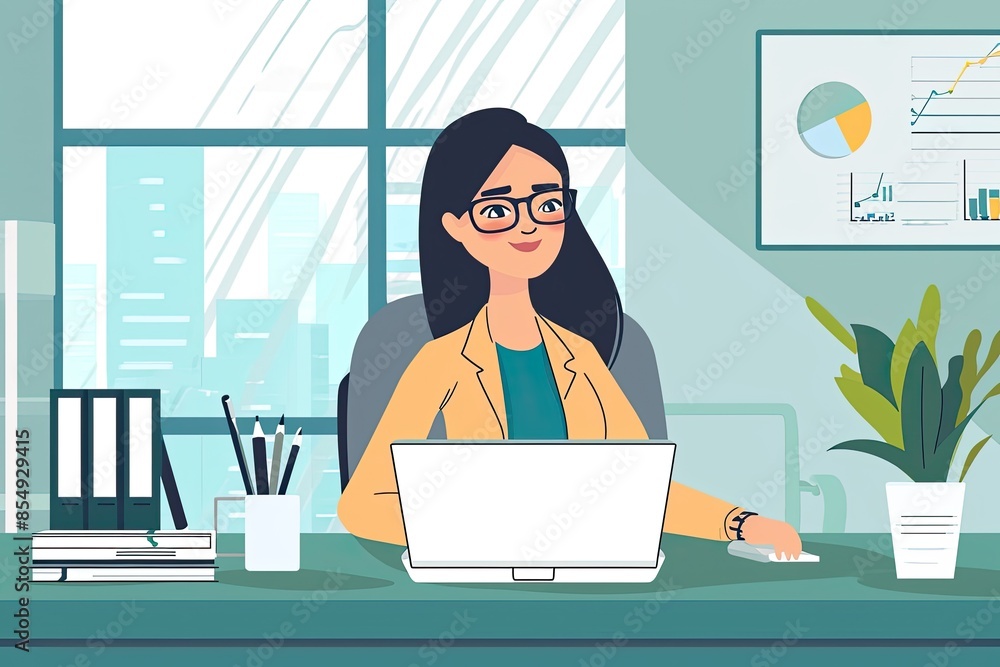 Poster a man is standing in front of a desk with a laptop, an animated explainer video for a business servi