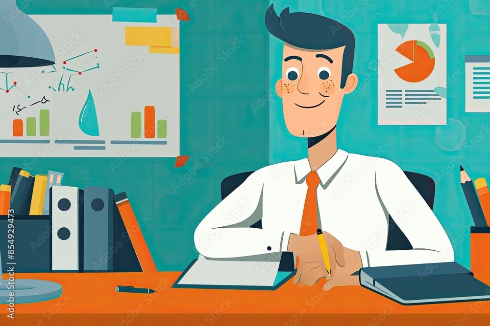 Leinwandbilder a man is standing in front of a desk with a laptop, an animated explainer video for a business servi