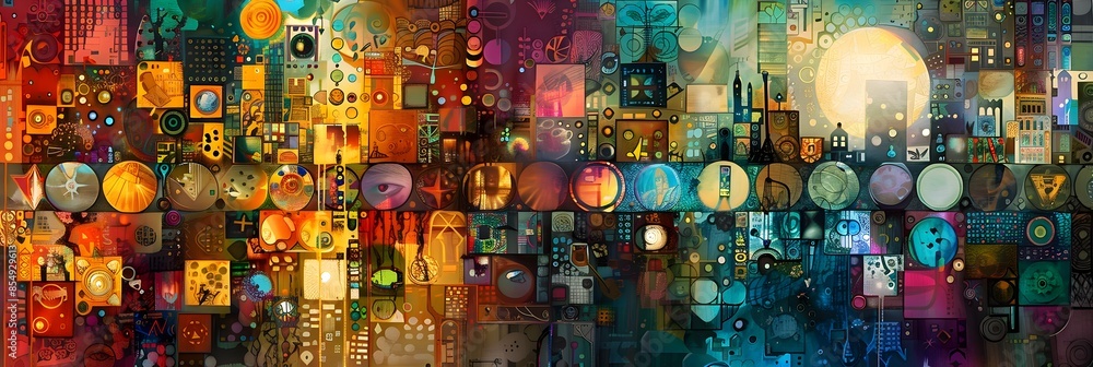 Aufkleber Vibrant Digital Mosaic of Geometric Shapes and Patterns Bursting with Colorful Surreal Energy and Modern Creative Flair