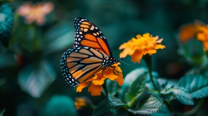 Fototapeta premium Monarch Butterfly on Yellow Flower in Garden