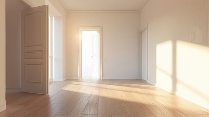 Open door to a bright new home with sunlight streaming through windows