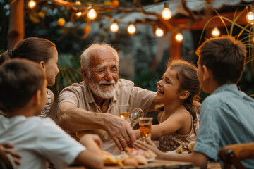 Elderly man laughing with children during a meal
