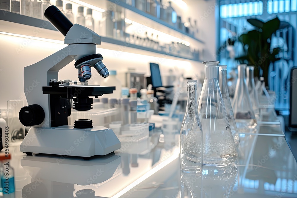 Poster a microscope and some test tubes on a table, a visually striking image of a biological laboratory bench