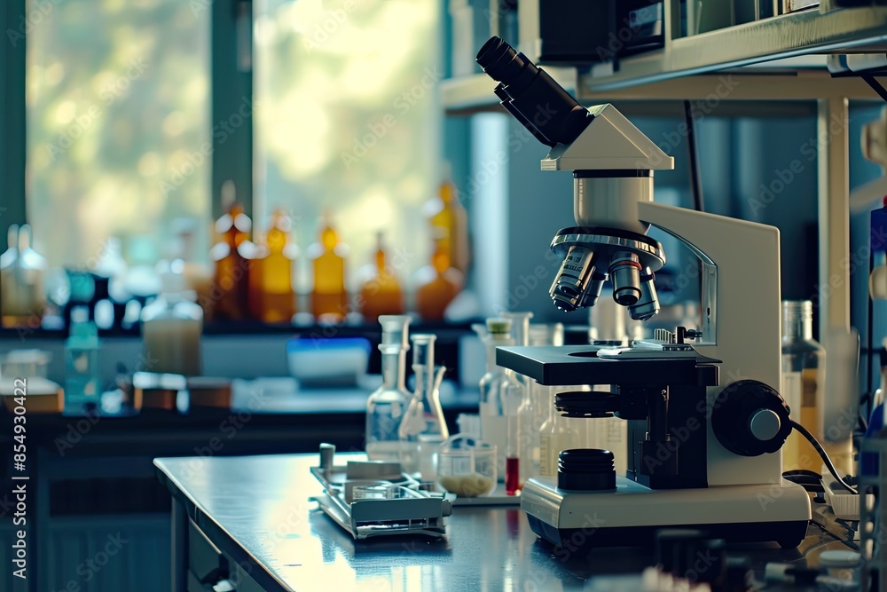 Poster a microscope and some test tubes on a table, a visually striking image of a biological laboratory be