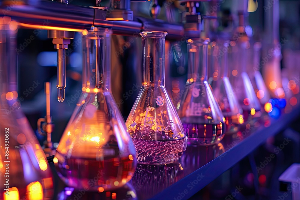 Aufkleber a row of laboratory flasks filled with colored liquids, a visual story of a laboratory experiment