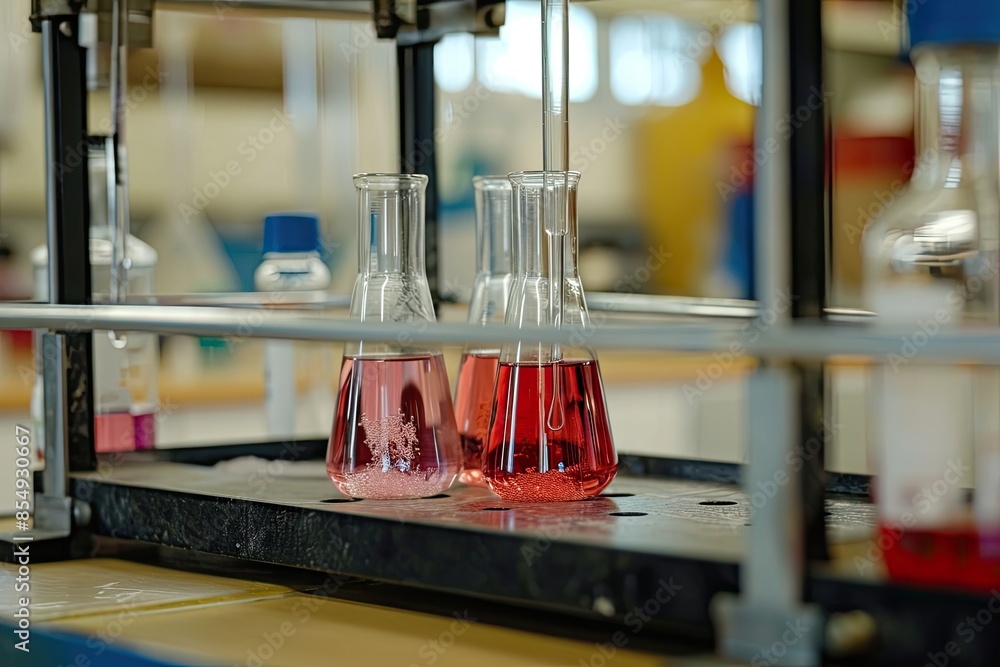 Aufkleber a row of laboratory flasks filled with colored liquids, a visual story of a laboratory experiment