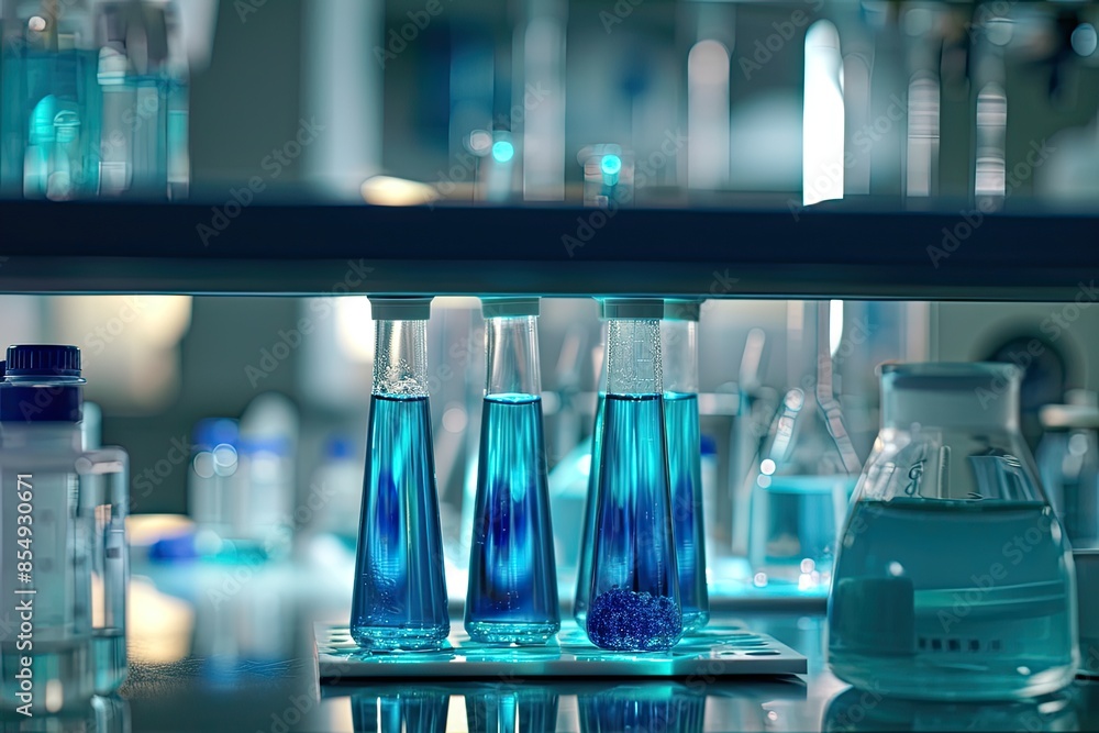 Aufkleber a woman in a lab coat and goggles is doing something, a visual story of a laboratory experiment