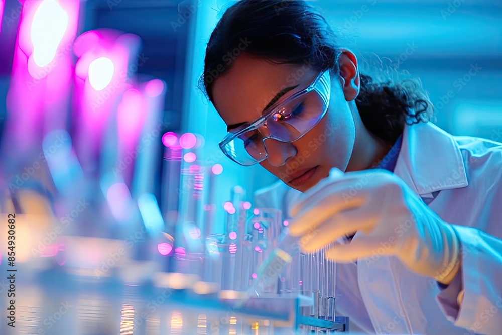 Aufkleber a woman in a lab coat and goggles is doing something, a visual story of a laboratory experiment