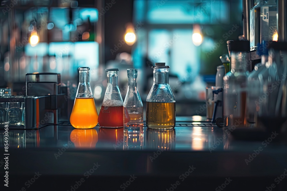 Aufkleber a row of laboratory flasks filled with colored liquids, a visual story of a laboratory experiment