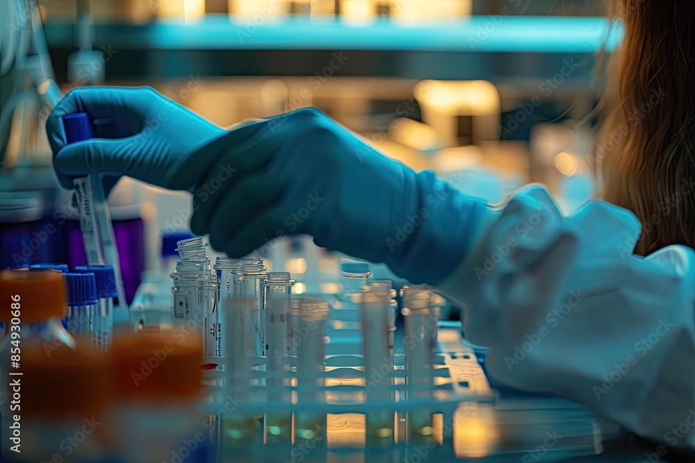 Aufkleber a woman in a lab coat and goggles is doing something, a visual story of a laboratory experiment