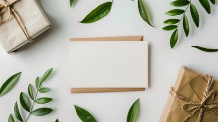 Flatlay mockup of a blank greeting card on a white surface, surrounded by green leaves and gift wrapping, ideal for birthday or wedding invitations, simple and beautiful