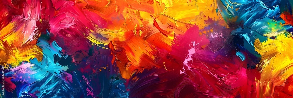 Poster vibrant expressionist acrylic brushstrokes cascading in a spectrum of colors