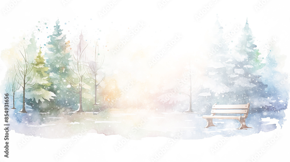 Canvas Prints christmas park, light white background park bench, watercolor illustration, abstract holiday backgro