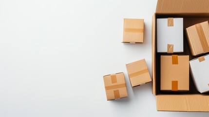 Obraz premium Goods neatly packed in a delivery box, isolated on white background, ample text space on one side, showcasing attention to detail in packaging