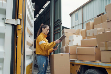 Delivery worker scanning parcels in truck