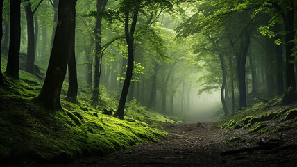 Fototapeta premium misty landscape in a fresh green spring forest, trunks of green trees in the mist of the forest morning coolness