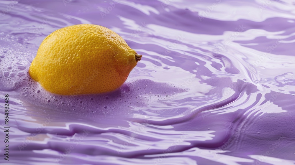 Poster macro photography of a lemon floating on a purple background with light brush strokes
