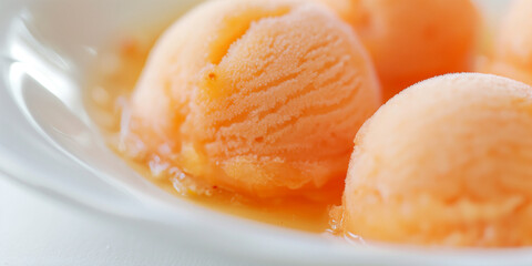 Elegant peach and prosecco sorbet, an image of elegant peach and prosecco sorbet, its soft color and bubbly texture against a white backdrop