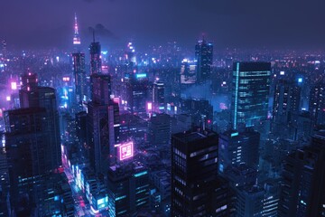 a city skyline with a neon light at night, Develop a cyberpunk city skyline at night