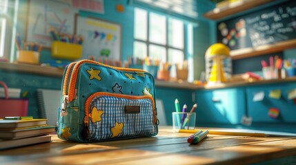 Colorful classroom with kids backpack on desk in sunlit elementary school interior
