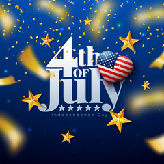 4th of July Independence Day of the USA Vector Illustration with American Flag Pattern Heart, Gold Star and Falling Confetti on Blue Background. Fourth of July National Celebration Design with