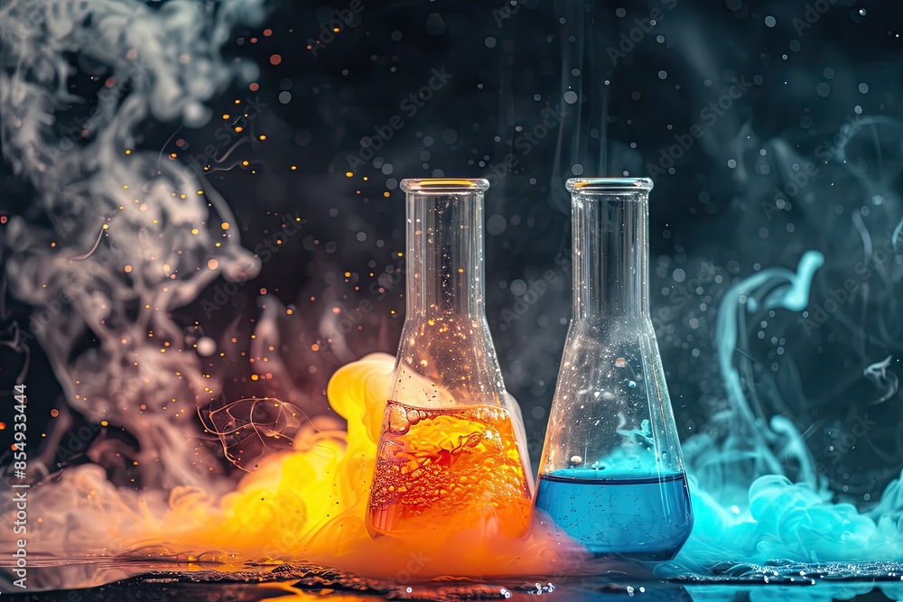 Poster a group of flasks with flames in them, explore the dynamic world of chemical reactions