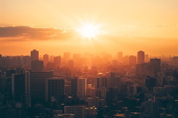 Fototapeta premium The warm golden sunrise over the urban cityscape with skyscrapers, creating a stunning silhouette and atmospheric mood with its clear sky and glowing sunlight