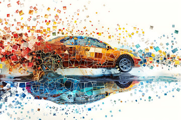 A vibrant mosaic-style depiction of various transport vehicles, showcasing intricate patterns and colorful artistry.