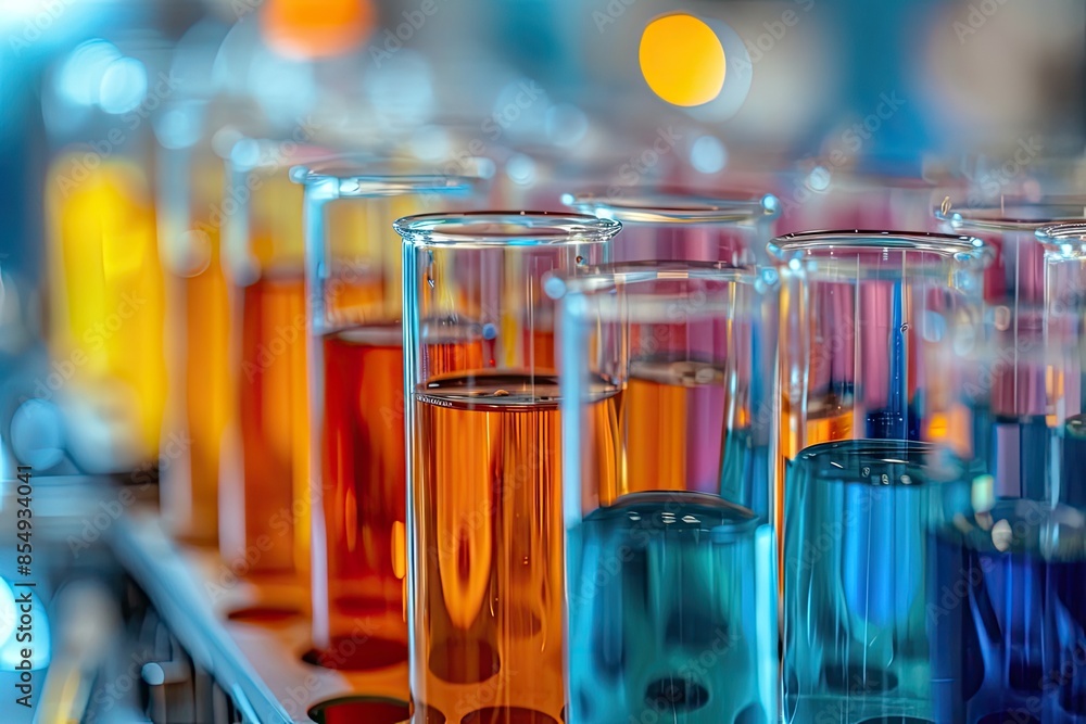 Poster a row of test tubes filled with colored liquids, explore the symmetrical patterns of lab equipment