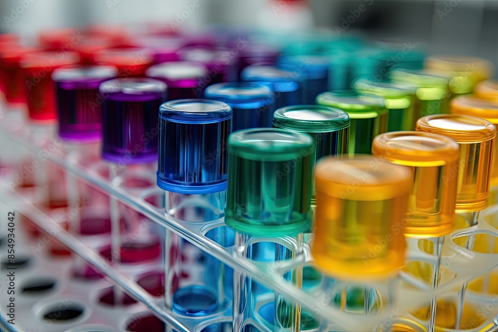Poster a row of test tubes filled with colored liquids, explore the symmetrical patterns of lab equipment