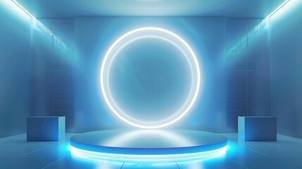 Futuristic blue neon podium with circular light