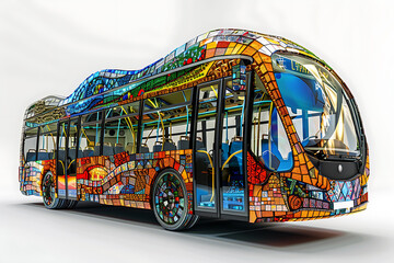 A vibrant mosaic-style depiction of various transport vehicles, showcasing intricate patterns and colorful artistry.
