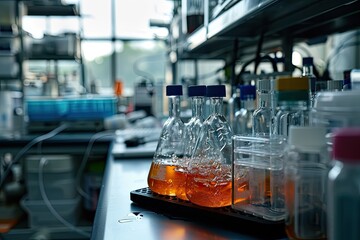 a row of bottles filled with liquid on a table, Highlight the aesthetics of a biological synthesis setup