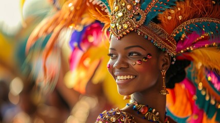 A close-up of a dancer in mid-performance, wearing a radiant costume adorned with vibrant feathers and sequins, capturing the lively movement and energy of the dance.